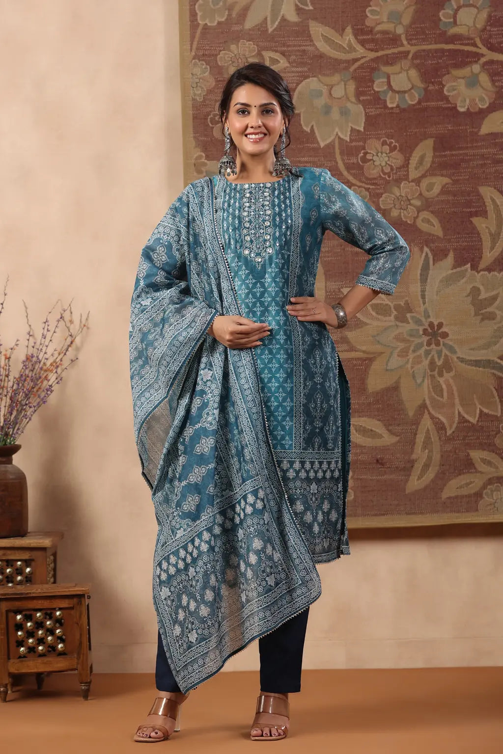 Frost blue long kurta with red motifs