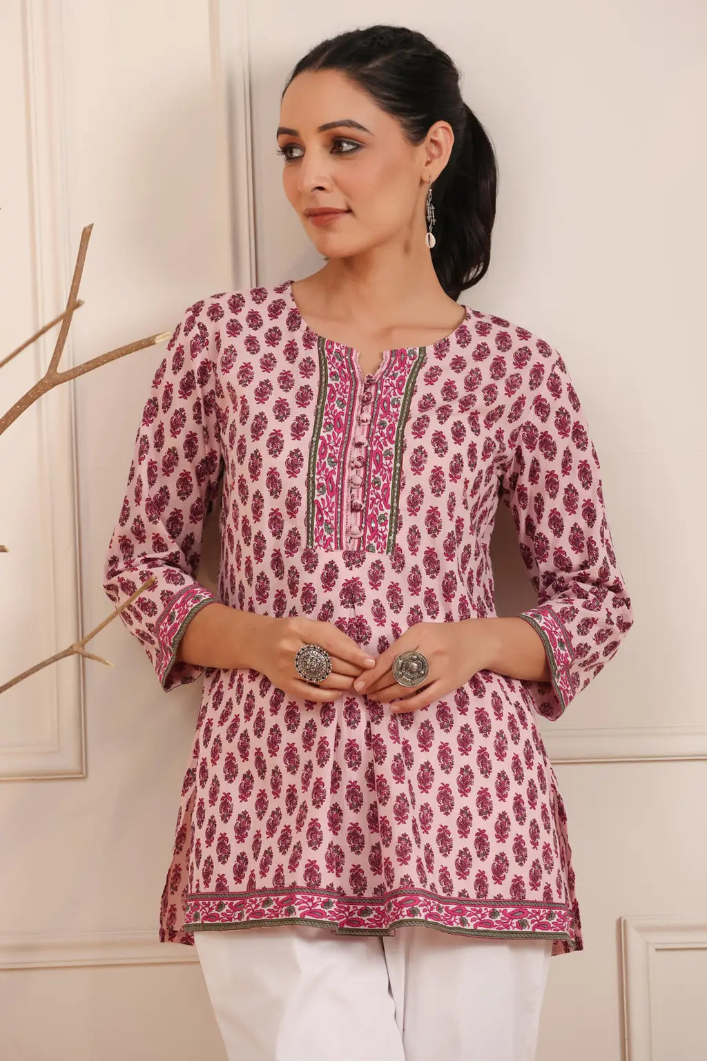 Pink Silk Crepe Printed A-Line Kurti for Women with 3/4th Sleeves – L to 2XL