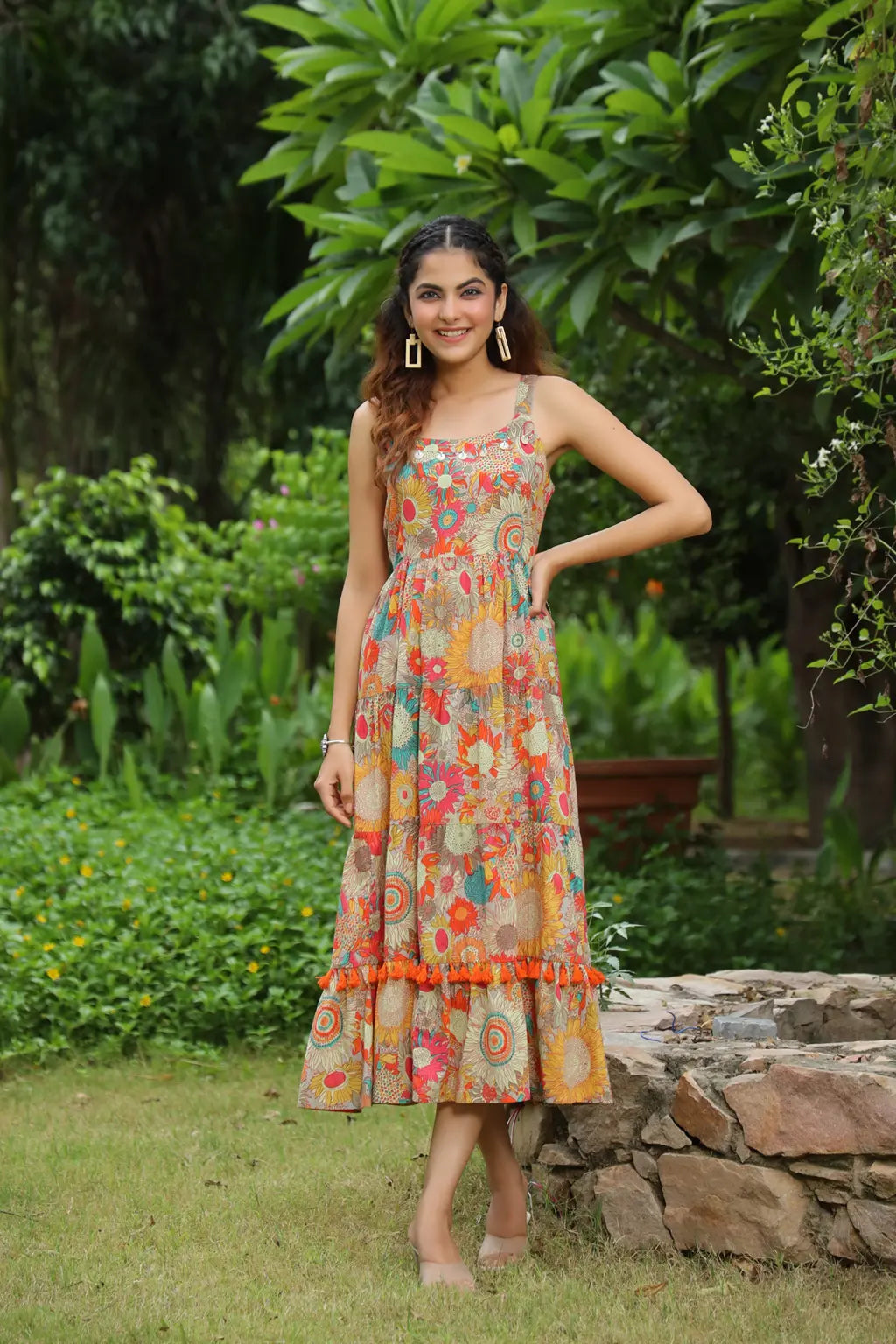 Women Green & White Tribal Printed Fit And Flare Dress