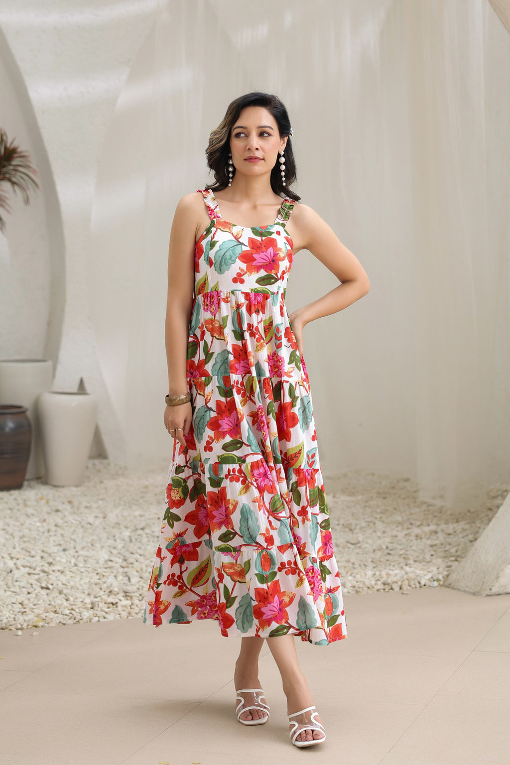 Floral Printed Pure Cotton Fit & Flare Midi Ethnic Dresses – Rain & Rainbow