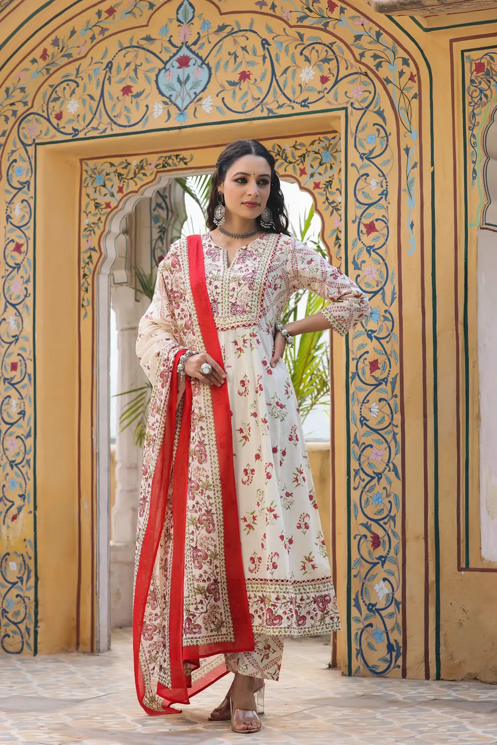Women Red Crepe Anarkali Kurta With Floral Printed Front Open Jacket Layer