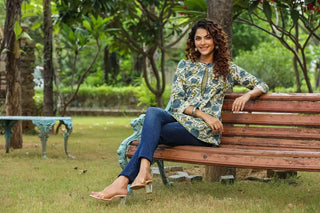 Women Blue & Cream Ethnic Motifs Printed Pure Cotton Kurti