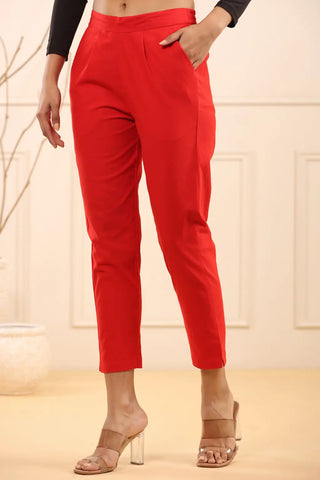 Stylish Red Cotton Pleated Cigarette Trousers