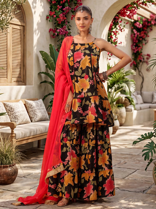 Black Floral Print Tiered 3-Piece Kurta Set