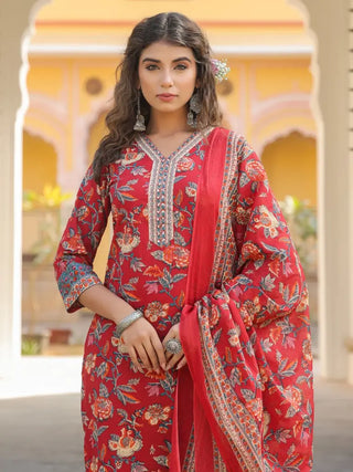 Women Red Floral Printed Pure Cotton Straight Kurta With Printed Dupatta & Printed Trouser