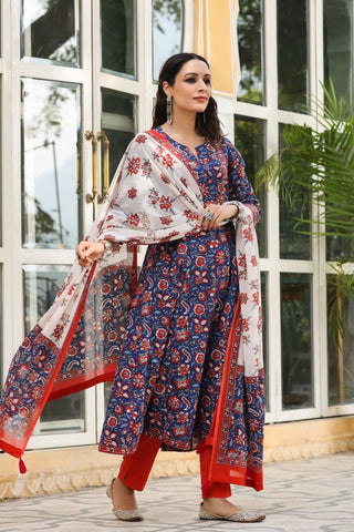 Women Navy blue Floral printed sequinned pure cotton kurta with trousers & dupatta