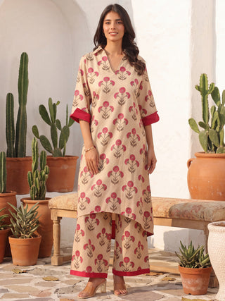 Beige Printed A-Line Kurta Set