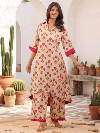 Beige Printed A-Line Kurta Set