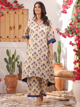 Beige Printed A-Line Kurta Set