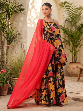 Black Floral Print Tiered 3-Piece Kurta Set