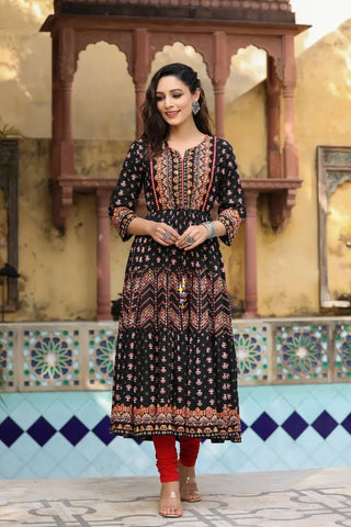 Women Black Ethnic Motifs Printed Anarkali Kurta