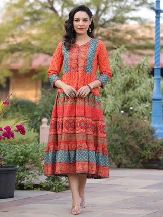 Women Orange Ethnic Motifs Printed Anarkali Kurta