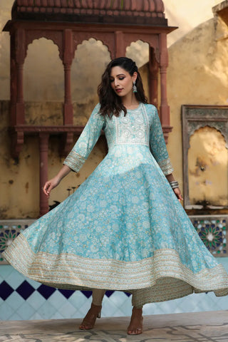 Women Sea Green Ethnic Motifs Printed Pure Cotton Anarkali Kurta