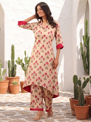 Beige Printed A-Line Kurta Set