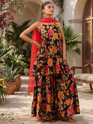 Black Floral Print Tiered 3-Piece Kurta Set
