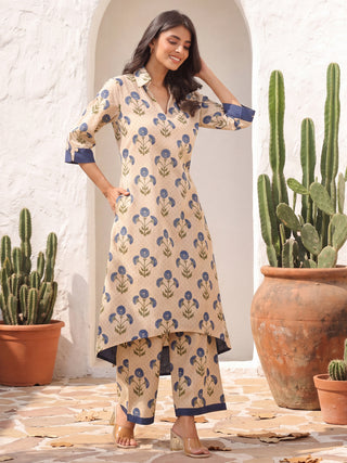 Beige Printed A-Line Kurta Set