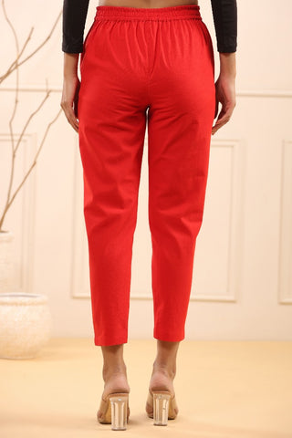 Stylish Red Cotton Pleated Cigarette Trousers