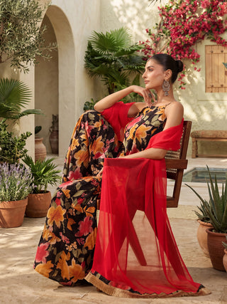 Black Floral Print Tiered 3-Piece Kurta Set