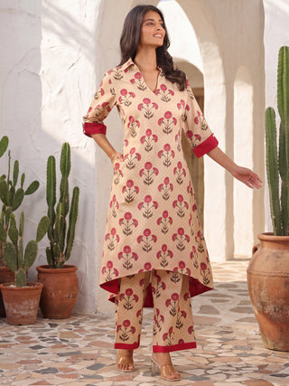 Beige Printed A-Line Kurta Set
