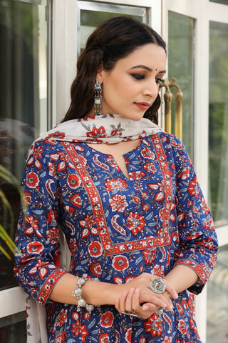 Women Navy blue Floral printed sequinned pure cotton kurta with trousers & dupatta