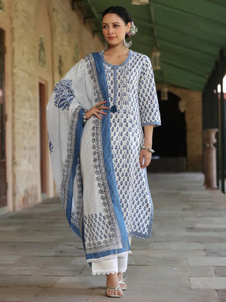 Women Blue-Coloured Ethnic Motifs Printed Sequinned Pure Cotton Kurta with Trousers And Printed Dupatta