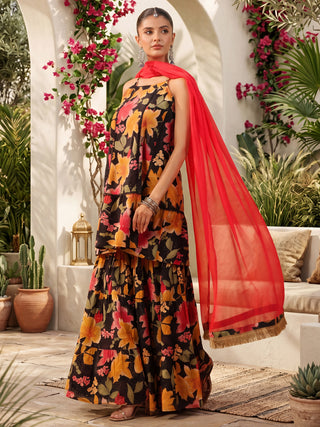 Black Floral Print Tiered 3-Piece Kurta Set