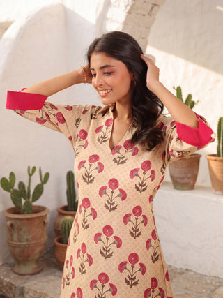 Beige Printed A-Line Kurta Set