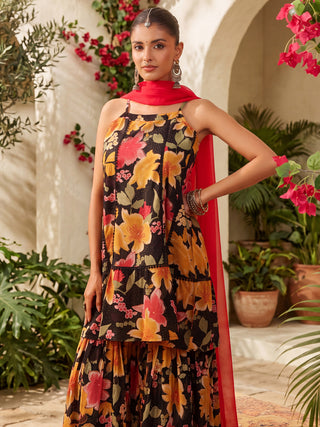 Black Floral Print Tiered 3-Piece Kurta Set