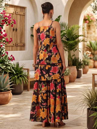 Black Floral Print Tiered 3-Piece Kurta Set