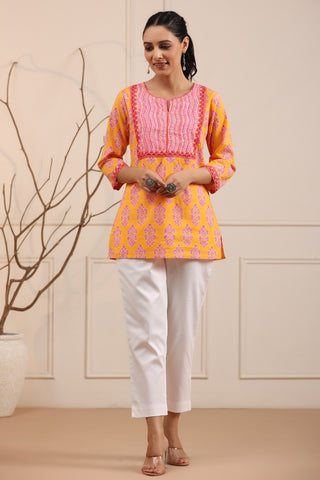 Women Orange & Pink Ethnic Printed Sequinned Pure Cotton Kurti