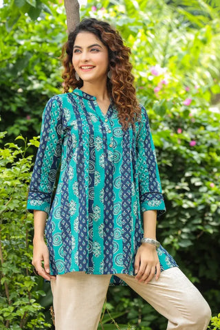 Green & Navy Blue Ethnic Motif Kurti