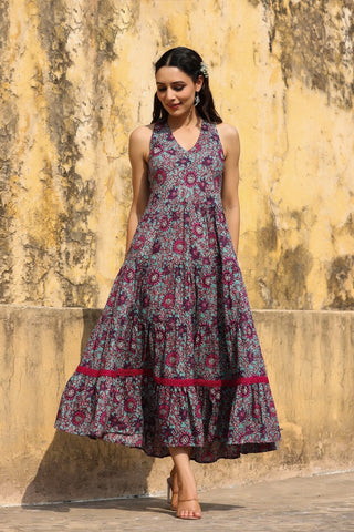 Women Wine Printed Pure Cotton Flared Ethnic Dress