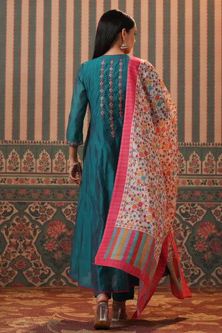 Women Teal Panelled Mirror Work Chanderi Cotton Anarkali Kurta With Trousers & With Dupatta