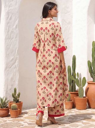 Beige Printed A-Line Kurta Set