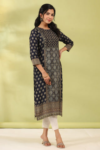 Women Black Digital Printed Mirror Work Straight Kurta