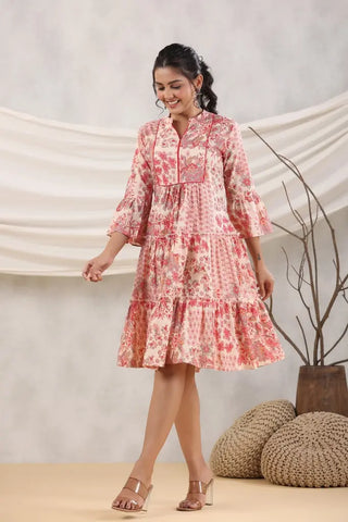 Women Peach Floral Printed Pure Cotton Flared Ethnic Dress