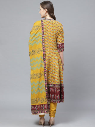 Women Mustard Coloured Kurta with Churidar & Dupatta