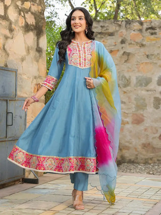 Women Blue Embroidered Anarkali Kurta With Trouser And Dupatta