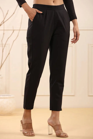 Stylish Black Cotton Pleated Cigarette Trousers