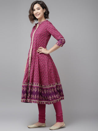 Women Magenta & Beige Printed Pure Cotton Kurta with Churidar & Dupatta