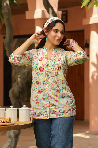 Women Ethnic Motifs Printed Mandarin Collar Regular Cotton Top