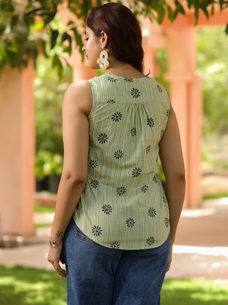 Women Ethnic Motifs Printed Sleeveless Cotton Regular Top