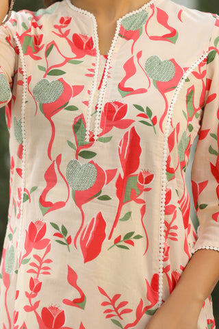 Cream Abstract Print Lace Kurta