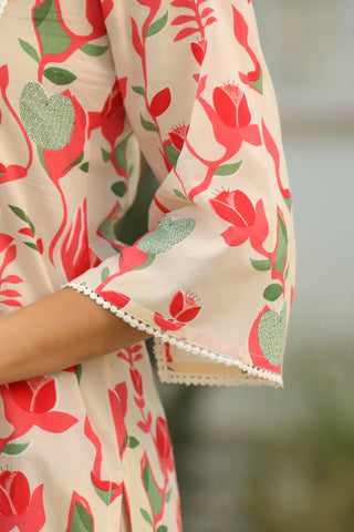 Cream Abstract Print Lace Kurta