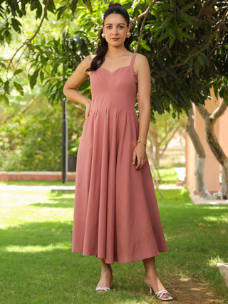 Women Pink Solid Fit and Flare Pure Cotton Midi Dress Rain & Rainbow Women Pink Solid Fit and Flare Pure Cotton Midi Dress Rain & Rainbow