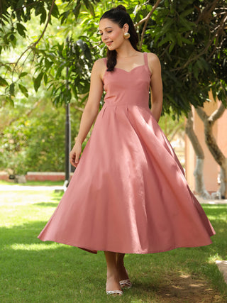 Women Pink Solid Fit and Flare Pure Cotton Midi Dress Rain & Rainbow Women Pink Solid Fit and Flare Pure Cotton Midi Dress Rain & Rainbow