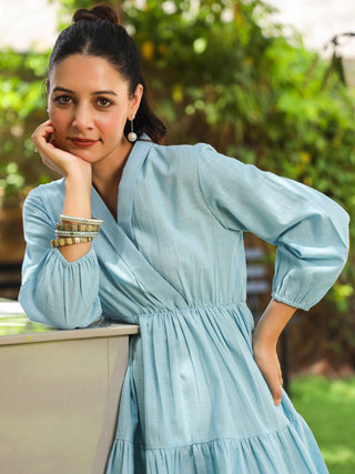 Solid Puff Sleeve Tiered Dress