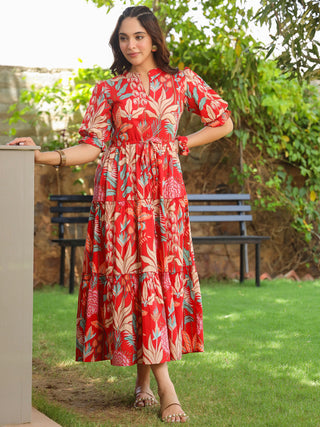 Women Floral Print Puff Sleeve Pure Cotton Fit & Flare Midi Dress Rain & Rainbow Women Floral Print Puff Sleeve Pure Cotton Fit & Flare Midi Dress Rain & Rainbow