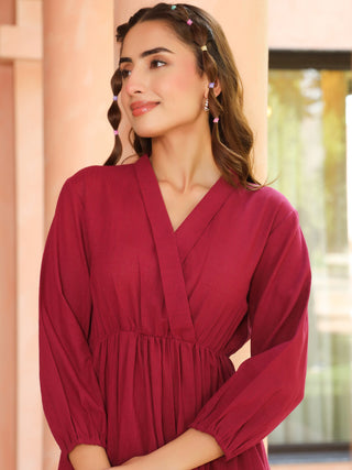 Women Solid Tiered Wrap Pure Cotton Mini Dress