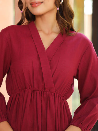 Women Solid Tiered Wrap Pure Cotton Mini Dress